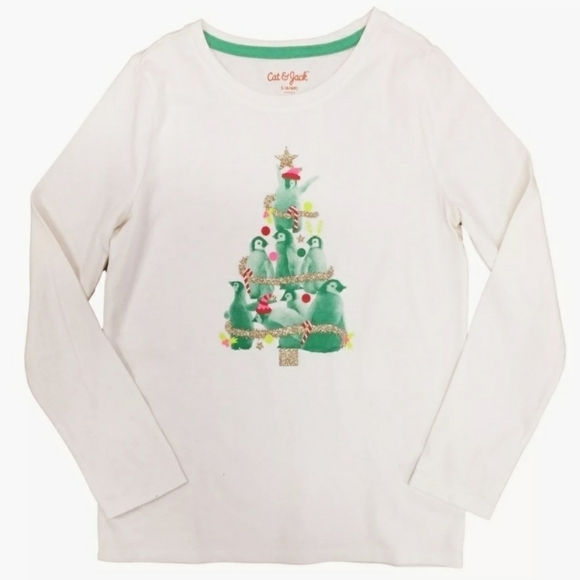 NWT Cat & Jack Penguin Christmas Tree T-Shirt White Long Sleeve Girl's Med 7/8 - Picture 1 of 3